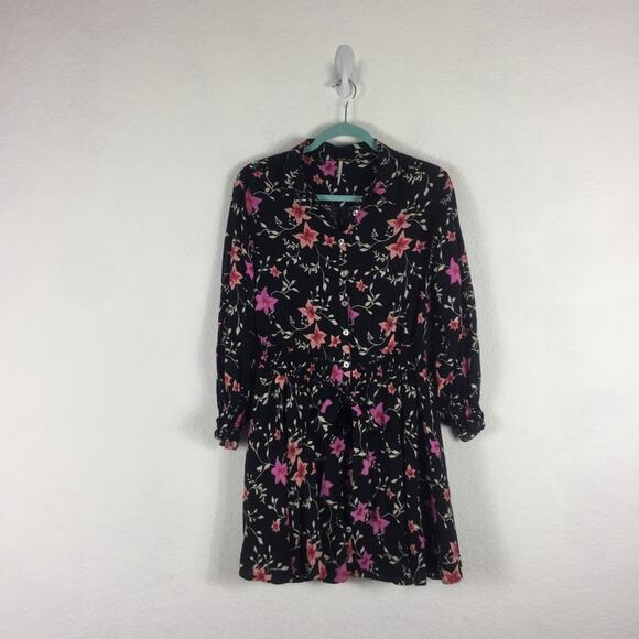 Free People Lighten Up Black Floral Long Sleeve Button Aline Mini Dress XS - Picture 3 of 14